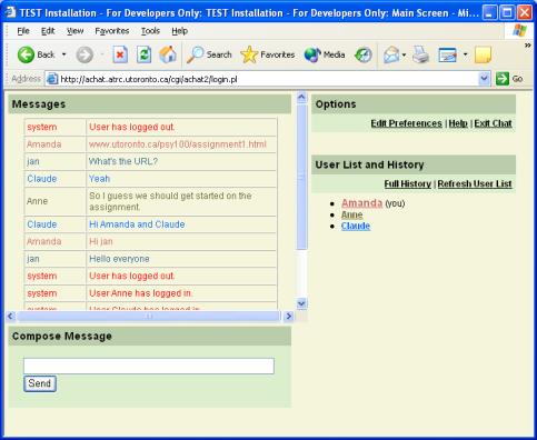 Figure 4:This screenshot shows the main A-Chat screen. The message area in on the top-left, the compose message area under it and the options and user list and history areas on the right.